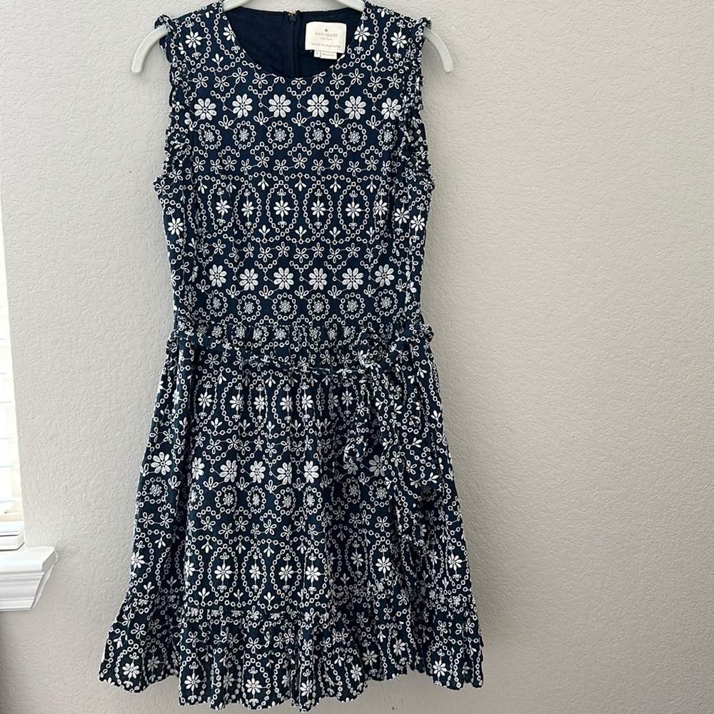 Kate Spade Navy Blue Embroidered Dress Tie Waist